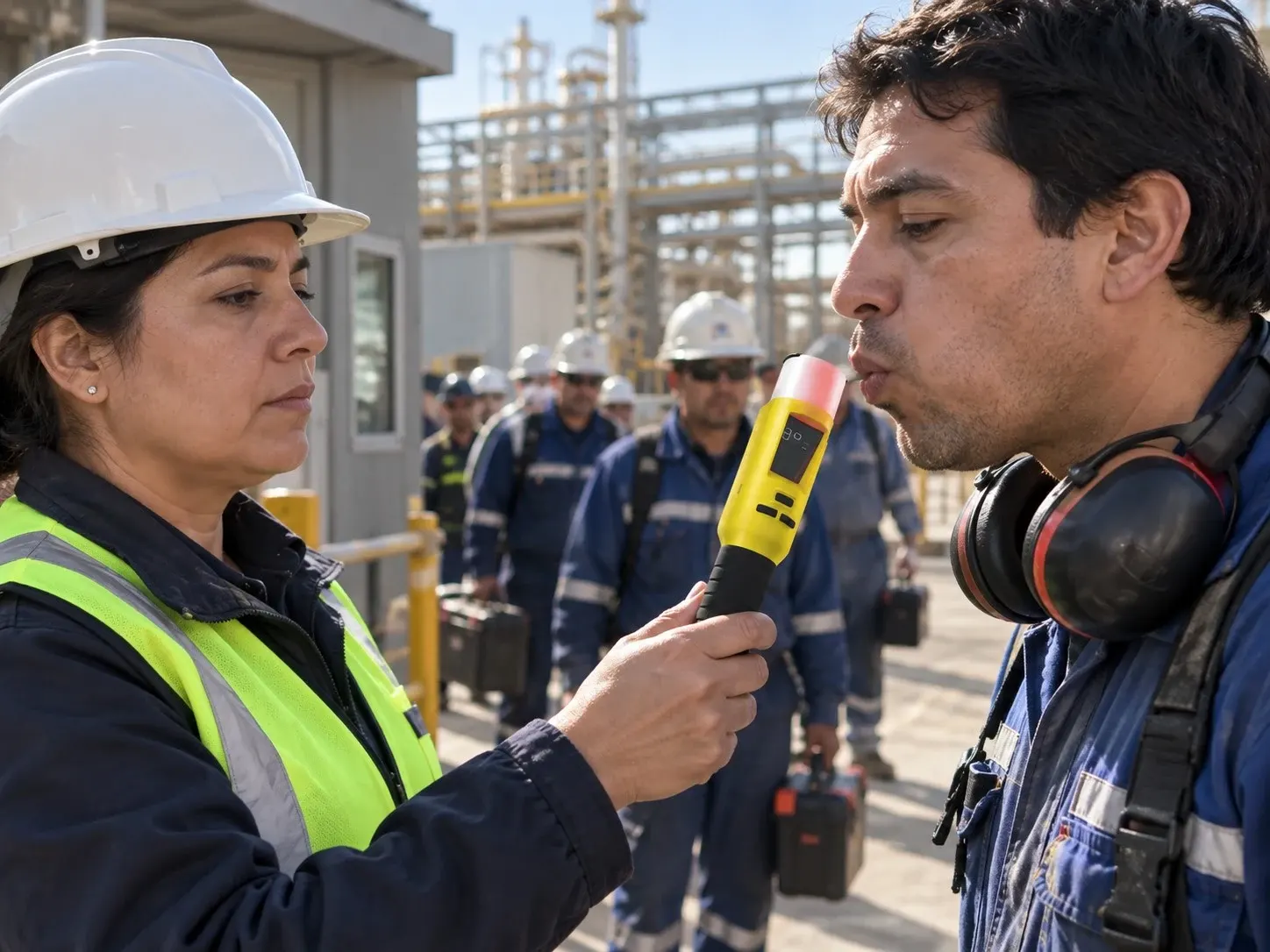 Supervisora controla con un alcotest a un técnico de mantención con overol y casco, frente a una planta industrial.