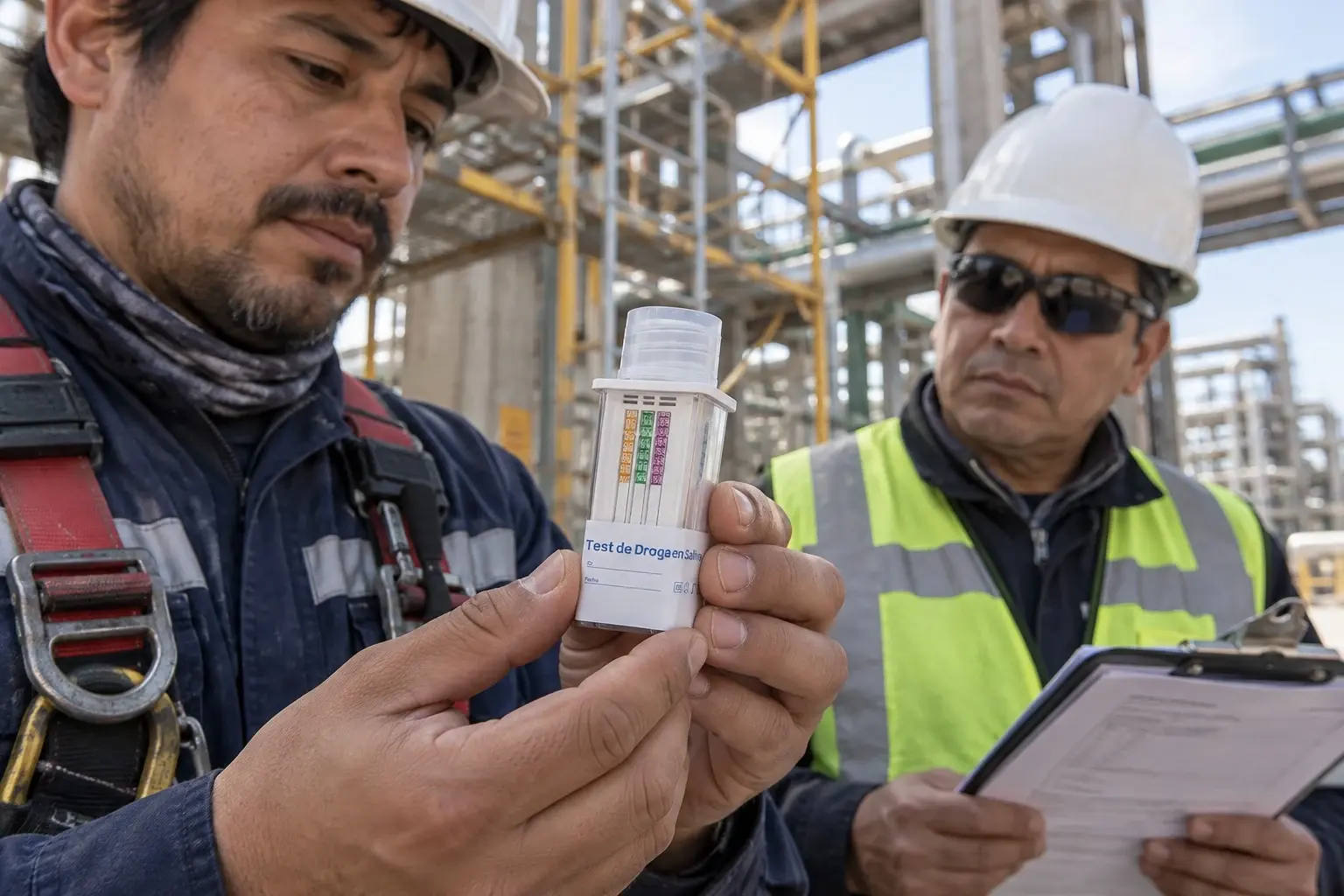 Técnico de mantención realiza un test de drogas en saliva antes de un trabajo en altura, junto a su supervisor en la planta.