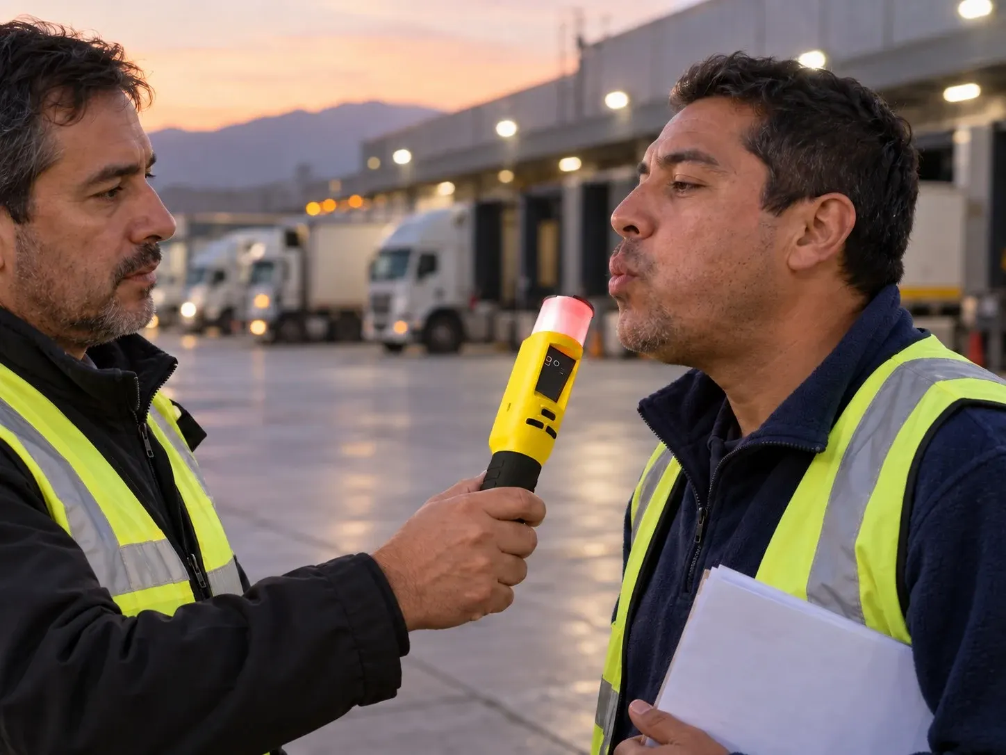 Supervisor controla con un alcotest sin boquilla a un conductor de camión en el andén de un centro de distribución, al amanecer.